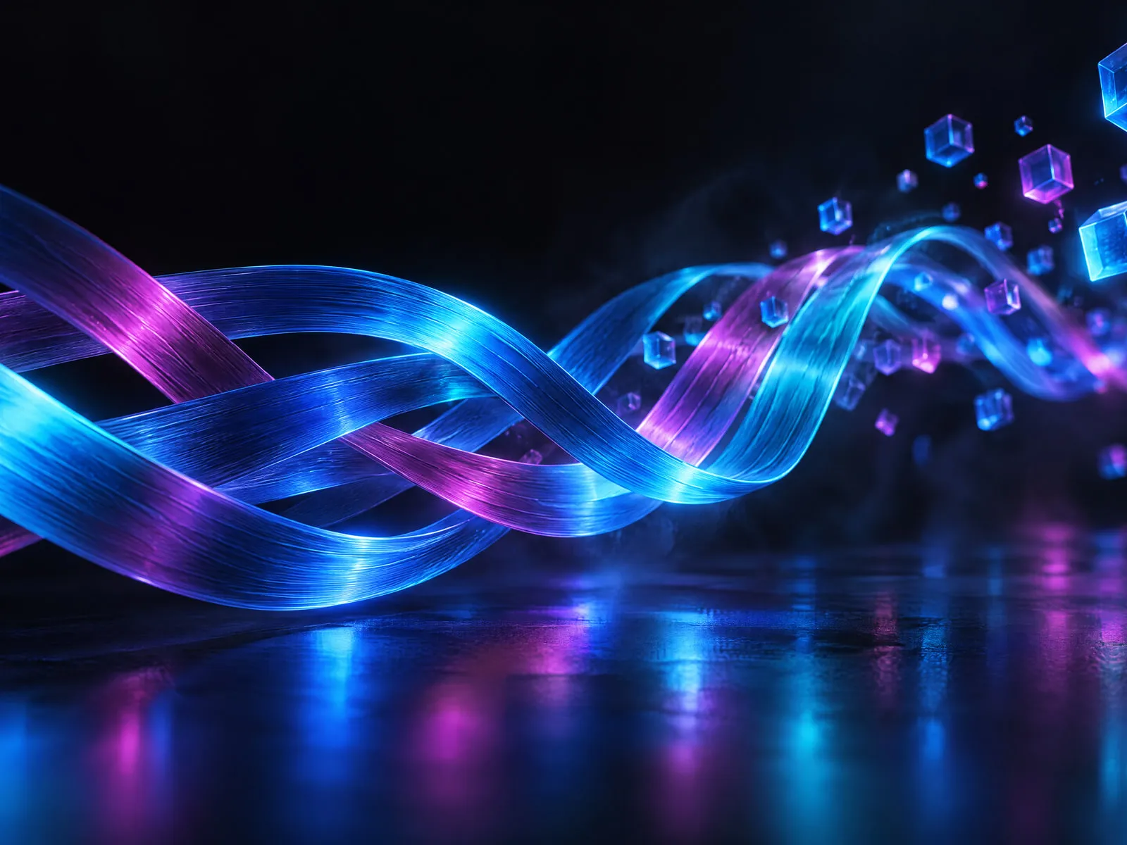 Abstract woven ribbons of blue and magenta light, evoking ComWeavr.