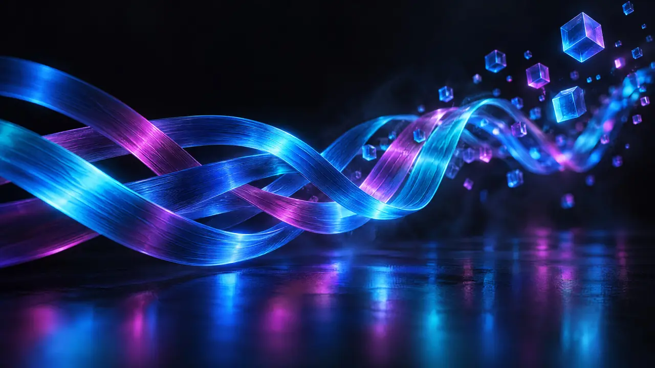Abstract woven ribbons of blue and magenta light flowing over a dark, reflective floor, with small glowing cubes rising from the weave, evoking ComWeavr.