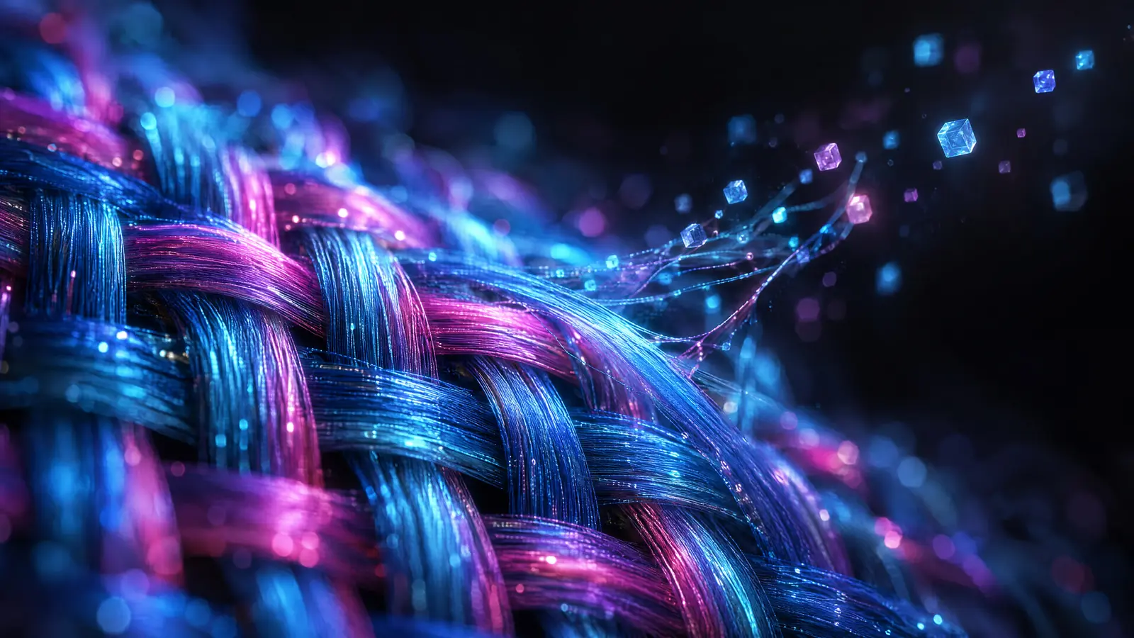 Close-up of fibers of blue and magenta light woven together, with small glowing cubes drifting up from the weave.