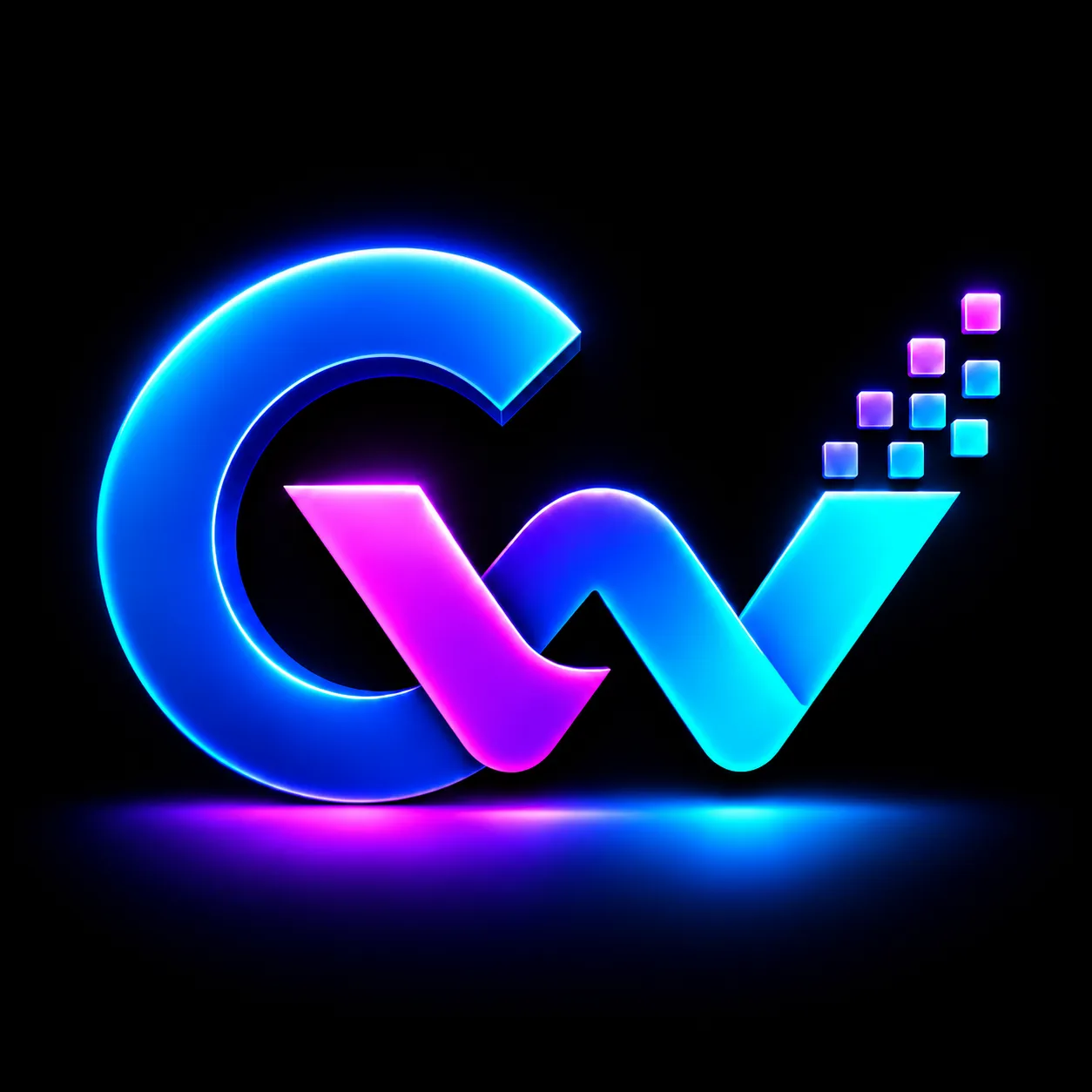 The ComWeavr logo: a luminous C and W woven together in blue, magenta and cyan, with small squares rising from the W, on black.